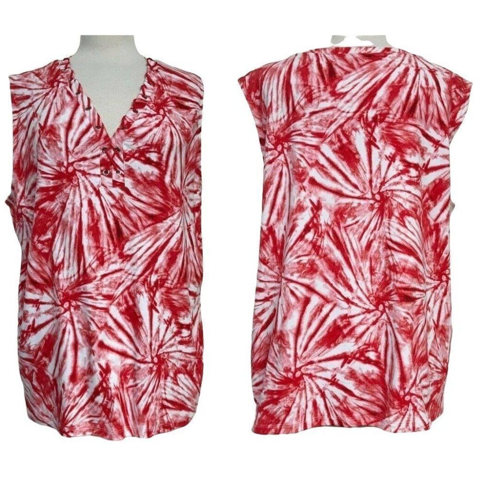 Rafaella Red Tie-Dye V-Neck Laced Front Top Sz 3X Cotton Sleeveless NEW